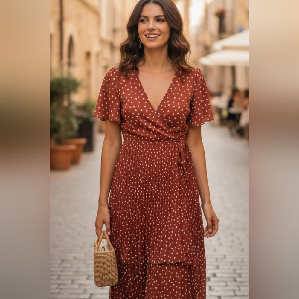 {Indigo Rose} Polka Dot Pleated Dress - Size MEDIUM